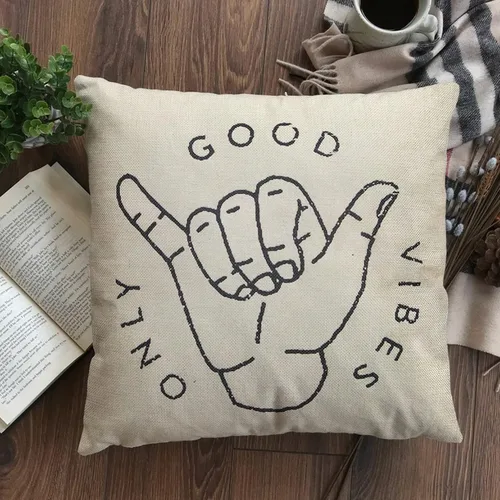 Miniatura 7 de Fahrendom Good Vibes Only Aloha Hand Gesture Hang Hand Symbol Motivacional Sign Cotton Linen Home Funda de cojín decorativa con palabras para sofá