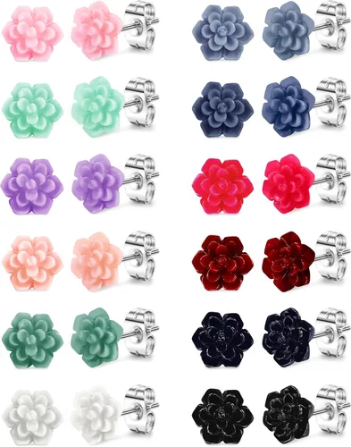 LOYALLOOK Juego de 12 pares de aretes tipo dormilona de resina para mujeres y niñas, diseño de flores talladas en 3D con poste de acero inoxidable