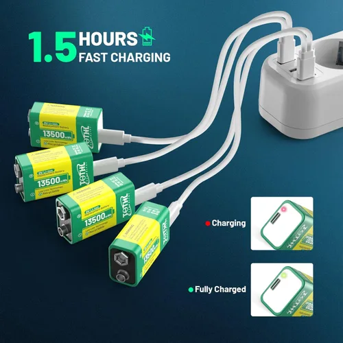 Miniatura 3 de Paquete de 4 baterías de 9 V para detector de humo, baterías de litio recargables por USB de 9 V, baterías de litio de 9 V recargables de larga