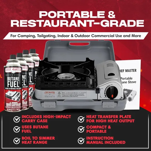 Miniatura 4 de Chef Master Estufa de campamento portátil de butano de 15,000 BTU Quemador portátil de doble protector contra el viento con encendido de clic Solo