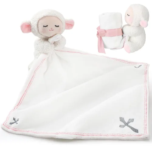Kinlop Regalos de bautismo para bebés, niñas y niños, mantas de seguridad de cordero, cordero con cruz cristiana, juguete suave para recién nacidos