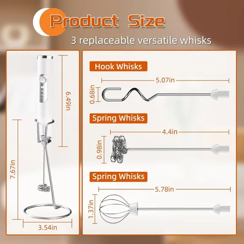 Miniatura 2 de Espumador de leche recargable, Espumador de leche de mano, 3 cabezas recargables mini agitadores mezcladores de bebidas, 3 velocidades ajustables