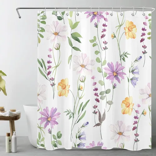 Miniatura 10 de Cortina de ducha de flores silvestres amarillas, moradas, florales y verde salvia con hojas de eucalipto sobre blanco, juego de cortina de ducha