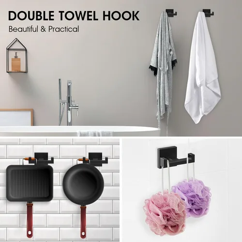 Miniatura 2 de BOZWELL Ganchos dobles para toallas para baño, montaje en pared, color negro mate, estilo cuadrado simple y moderno, gancho para bata, colgador