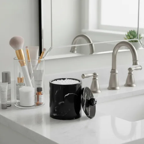 Miniatura 9 de Dispensador de soporte Qtip para baño con tapa, soporte para hisopos de algodón de tocador, recipiente de bola de algodón de resina, esponjas