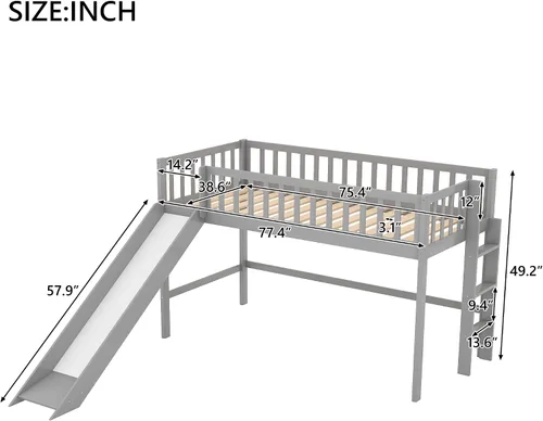 Miniatura 2 de Cama baja tipo loft, cama baja de tamaño individual con tobogán, marco de cama baja de madera con barandillas y escalera lateral para niños, niñas
