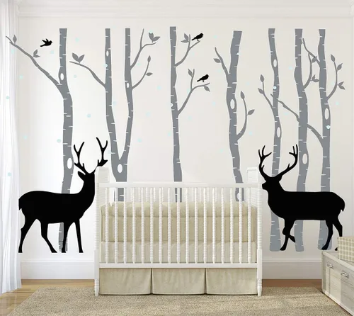 Miniatura 5 de Vinilo adhesivo de vinilo extraíble con diseño de ciervos y abedules para niños, decoración de habitación del bebé, habitación del bebé (gris)