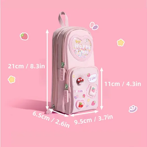Miniatura 6 de Estuche de cartón lindo con diseño de oso y conejito de fresa, helado, 3 capas, gran capacidad, estuche organizador de cosméticos (rosa-1)