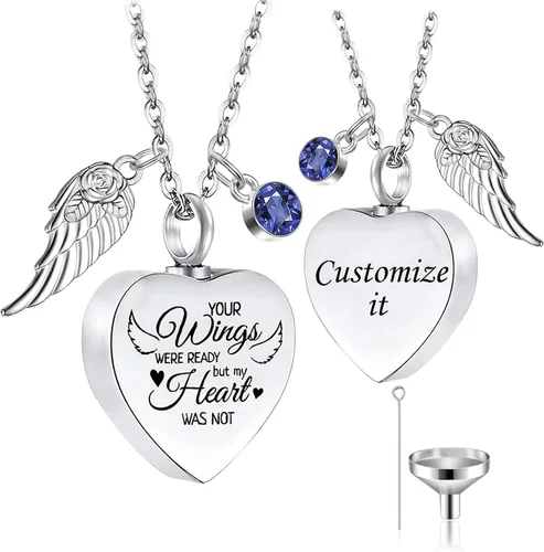 Cremation Heart Urn Necklace for Ashes for Women with 12 Birthstones, Cremation Ashes Jewelry Keepsake with Angel Wing - Your Wings were Ready, But