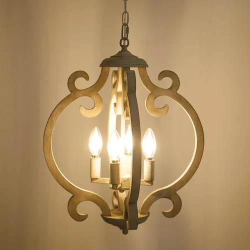 Miniatura 6 de Candelabro de Granja de 4 Luces, Candelabro de Madera Rústica Orbe Desgastado Lámpara Colgante de Estilo Campestre Francés Lámparas de Techo