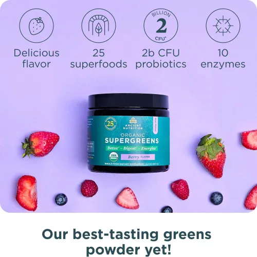 Miniatura 4 de Ancient Nutrition Proteína en polvo multicolágeno, vainilla, 24 porciones + polvo orgánico Supergreens, baya, 12 porciones