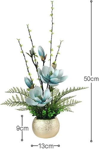 Miniatura 2 de Flor artificial en maceta, flor artificial de magnolia con jarrón redondo dorado, hojas falsas, arreglo floral floral de seda para boda, decoración