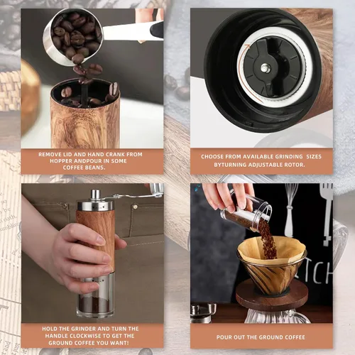 Miniatura 5 de Molinillo de café manual portátil y visible, molinillo de café de mano con perilla ajustable de cerámica, molinillo de café de acero inoxidable