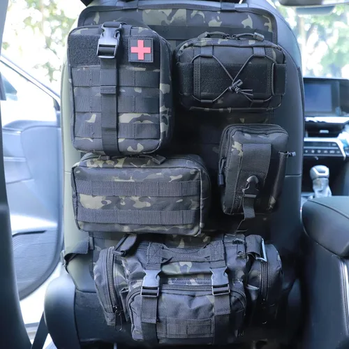 Miniatura 14 de Organizador táctico universal para respaldo de asiento, panel Molle para vehículo, bolsa de almacenamiento con 5 bolsas Molle desmontables