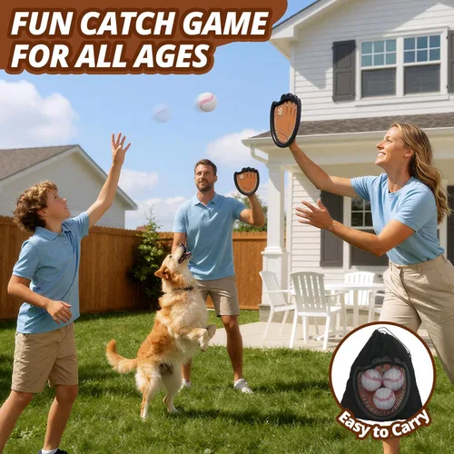 Miniatura 5 de Wee Wonders Juego de pelotas para lanzar y atrapar, guantes de béisbol para niños pequeños que incluye 2 paletas y 3 bolas adhesivas, juego de Marrón