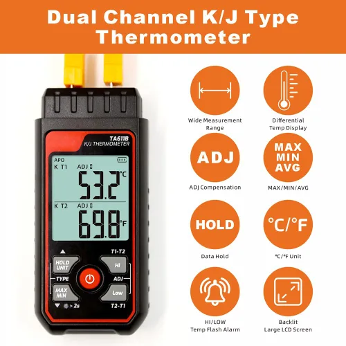Miniatura 7 de Termómetro de termopar digital de doble canal tipo K/J - 328 ~ 2501 ℉ Medidor de temperatura industrial HVAC con 4 sondas de termopar tipo K
