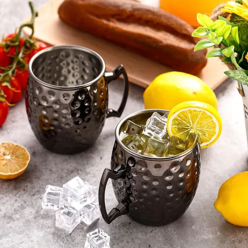 Miniatura 4 de Hoolerry 12 tazas Moscow Mule de acero inoxidable negro a granel Moscú chapado en cobre tazas con asa de 12 onzas con acabado martillado taza