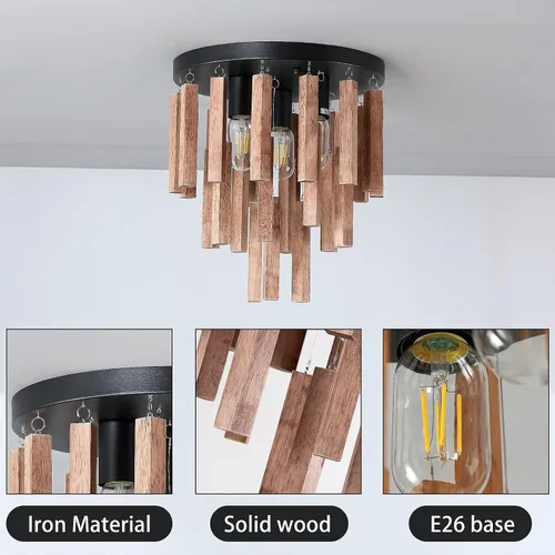 Miniatura 6 de Lámparas de techo semiempotradas de 3 luces, lámpara de madera bohemia, lámpara de techo de roble y negro con E26 para cocina, sala de estar