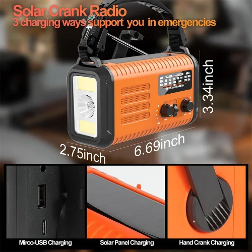 Miniatura 3 de Radio meteorológica de 20000 mAh NOAA/AM/FM, radio de emergencia, manivela, linterna solar, cargador de teléfono, lámpara de lectura, conector
