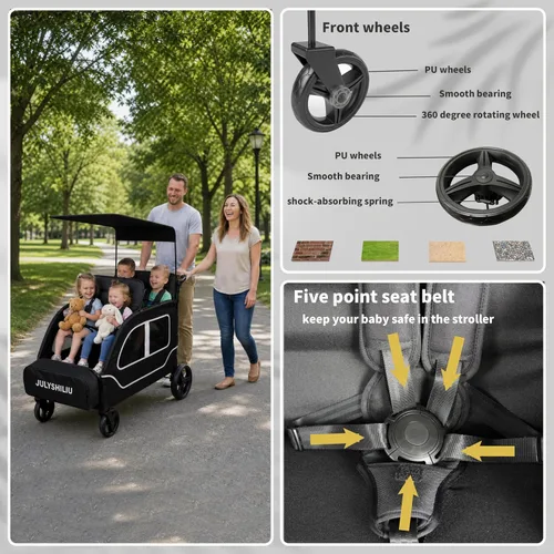 Miniatura 4 de Cochecito grande de 4 plazas, 2, 3, niños pequeños, color negro Car Shaped, Foldable, All Terrain, Removable Canopy, 5 Point Harness, Travel