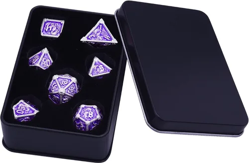 Miniatura 6 de AUSTOR Juego de dados de metal DND de 7 troqueles, juego de dados poliédricos de Calabozos y Dragones con caja D20 D12 D10 D% D8 D6 D4 para Violeta