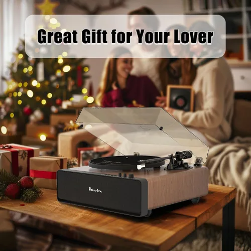 Miniatura 8 de Tocadiscos de vinilo Bluetooth con altavoces, 2 velocidades 33/45 RPM, cartucho magnético AT-3600L, luz ambiental LED, madera de nogal
