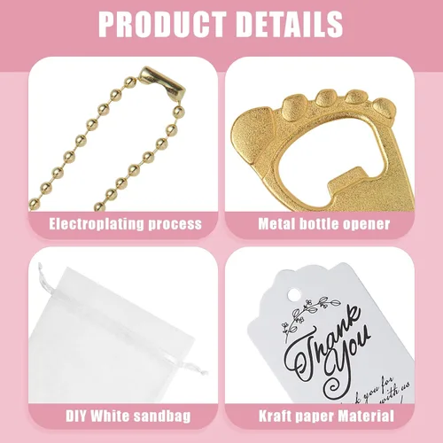 Miniatura 5 de 50 llaveros de huellas de bebé y abrebotellas para fiestas con bolsa de organza (dorado)