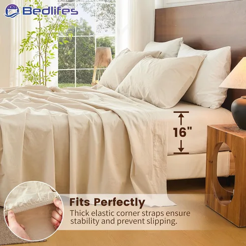 Miniatura 3 de Bedlifes Juego de sábanas de 100 % lino puro francés, transpirable y refrescante, suave, duraderas y absorben la humedad, bolsillo profundo de 16