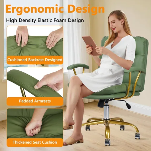 Miniatura 7 de KLASIKA Silla de escritorio de cuero para oficina en casa, silla de tocador con respaldo medio, silla de maquillaje con ruedas doradas y Verde