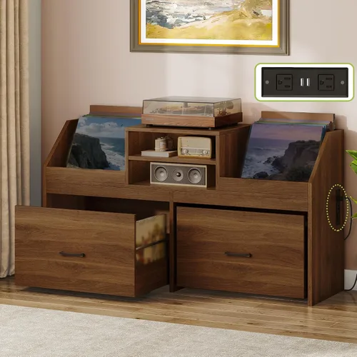 Miniatura 6 de Soporte grande para tocadiscos con estación de carga y 2 cajones deslizantes, armario de almacenamiento de discos con almacenamiento de vinilo