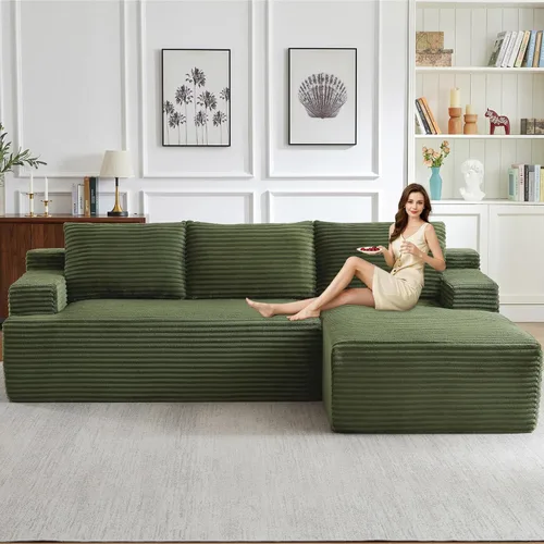 Miniatura 62 de Sofá seccional modular de 96", sofá en forma de L tipo nube sin estructura con chaise lounge, tapizado de pana con asiento profundo de espuma Negro