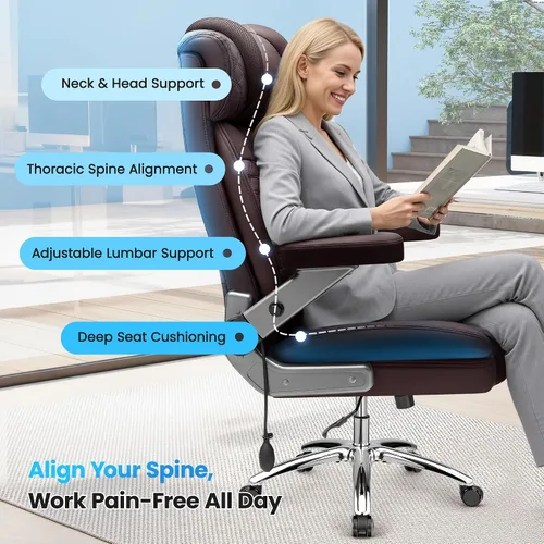 Miniatura 7 de Silla de Oficina para Escritorio, Silla Ejecutiva de Oficina para Computadora Grande y Alta, Silla de Oficina Extra Ancha de 500LBS de Alta Café