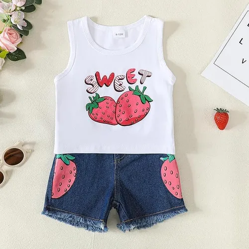 Miniatura 2 de Mikrdoo Ropa para bebé niña pequeña, trajes de verano camisas, tops rasgados pantalones cortos de mezclilla conjunto de ropa para niña pequeña