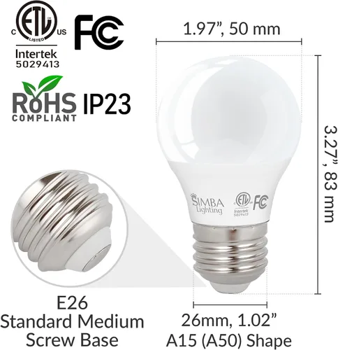 Miniatura 4 de Simba Lighting Bombillas LED A15 para refrigerador (paquete de 2) 5 W 40 W de repuesto, impermeables, pequeñas para electrodomésticos, congeladores