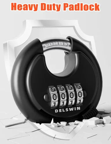 Miniatura 6 de DELSWIN Cerradura de combinación de disco de 4 dígitos para exteriores, candados de combinación resistentes con grillete de acero endurecido Negro 2