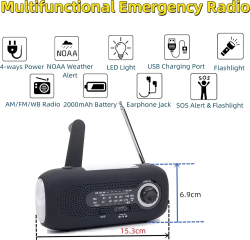 Miniatura 6 de Radio meteorológica Hank Crank, radio meteorológica NOAA, radio AM FM, radio de emergencia impermeable con linterna LED y cargador de teléfono