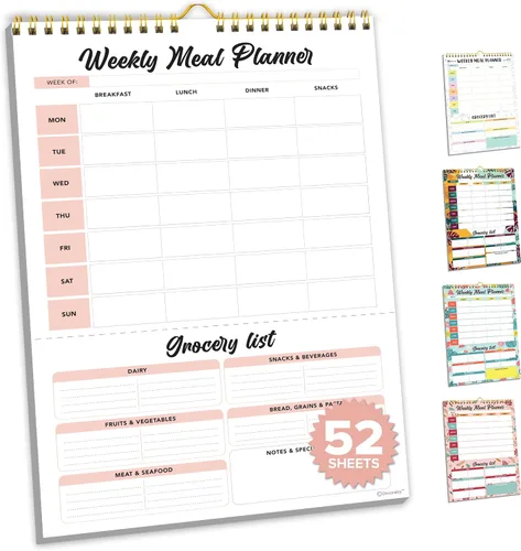 Decorably Agenda semanal de comidas y lista de comestibles con 4 imanes fuertes, 8.5 x 11 pulgadas, con resorte, montaje en refrigerador, diseño