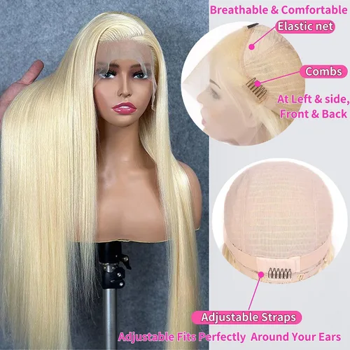 Miniatura 4 de 613 13x4 Peluca de encaje frontal transparente HD de cabello humano recto rubio platino Peluca de cabello humano predepilado con cabello de bebé