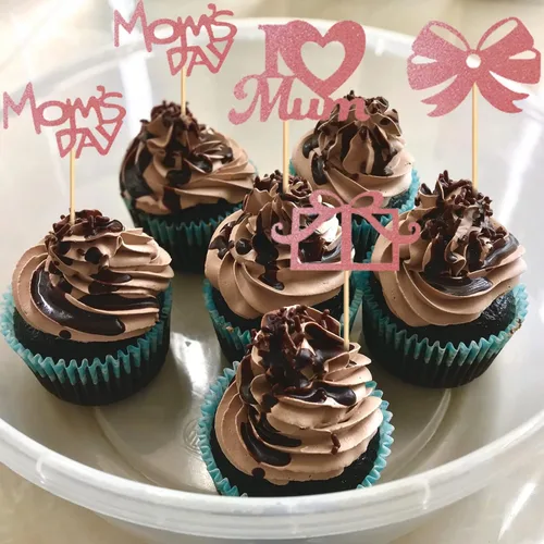 Miniatura 2 de Decoración para cupcakes para el Día de la Madre, 24 piezas con purpurina para fiesta de cumpleaños, suministros de cartón y bambú de primera calidad