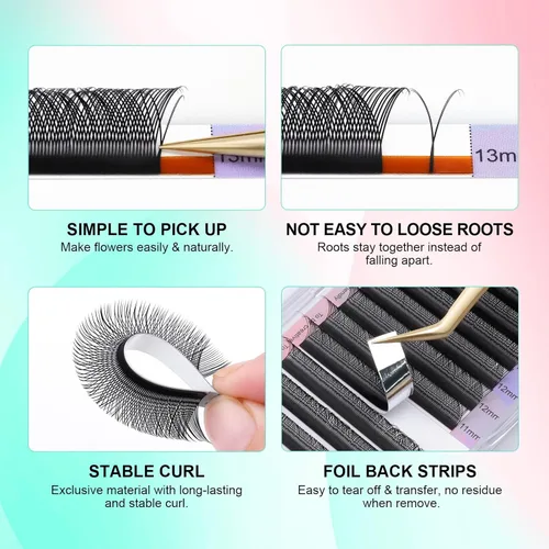 Miniatura 4 de Suministros de extensiones de pestañas NAGARAKU yy, pestañas falsas 0.05mm rizado D, bandeja mixta 8-12mm, prefabricadas 4D, abanico fácil, volumen