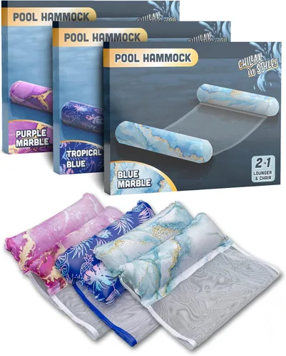 Miniatura 3 de [Paquete de 3] Flotadores inflables de alta calidad para piscina – Hamaca de natación para adultos con asiento inferior de malla (paquete a granel)