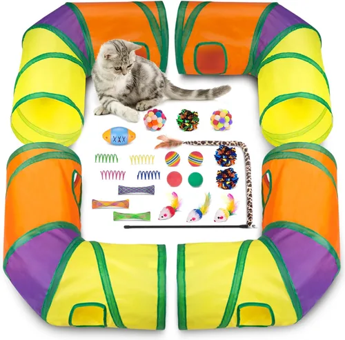 Retro Shaw Paquete de juguetes para gatos, 25 unidades, juguetes interactivos para gatitos de interior, gatos, túnel de juego plegable para gatitos,