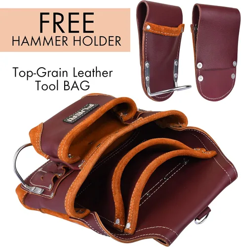 Miniatura 2 de FUERI Bolsa profesional de 10 bolsillos para herramientas de carpintero Cuero de grano premium resistente, soporte de marco ajustable de refuerzo