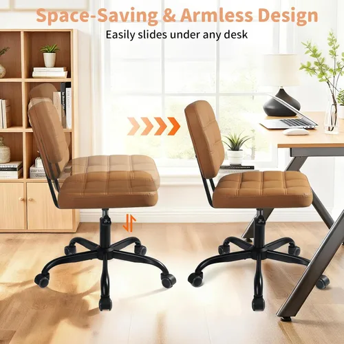 Miniatura 4 de Silla de escritorio de oficina en casa sin brazos – Pequeñas sillas giratorias de escritorio de oficina con ruedas – Silla de computadora de piel