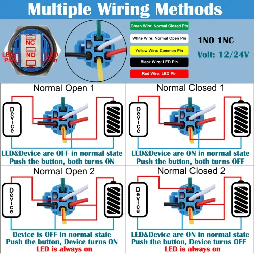 Miniatura 6 de 2 unids 0.630 in metal pestillo interruptor de botón 12V-24V ON-Off 5Pins 1NO 1NC con coleta para agujero de montaje de 5/8 pulgadas impermeable Azul