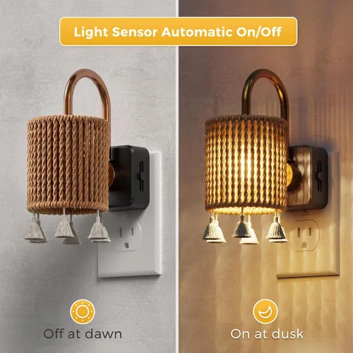 Miniatura 2 de L LOHAS LED Luces Nocturnas Enchufables en la Pared, Luz Nocturna Decorativa de Cilindro de Tela Boho con Borla, Sensor de Crepúsculo a Amanecer