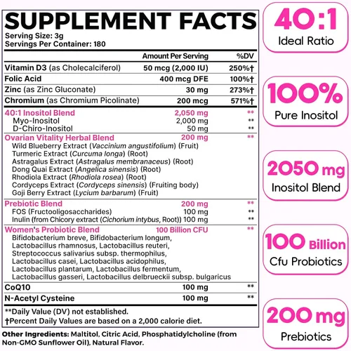 Miniatura 2 de Polvo liposomal de mio-inositol y D-Chiro Inositol Suministro para 180 días Suplemento de inositol de proporción ideal 40:1 para mujeres