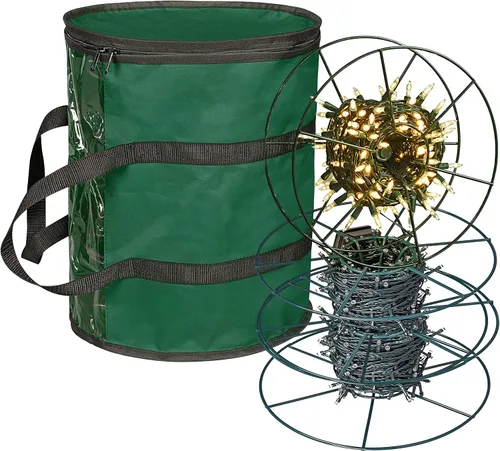 ProPik Bolsa de almacenamiento de luz de Navidad | Organizador de almacenamiento de luz navideña con 3 carretes de metal para luces de árbol y