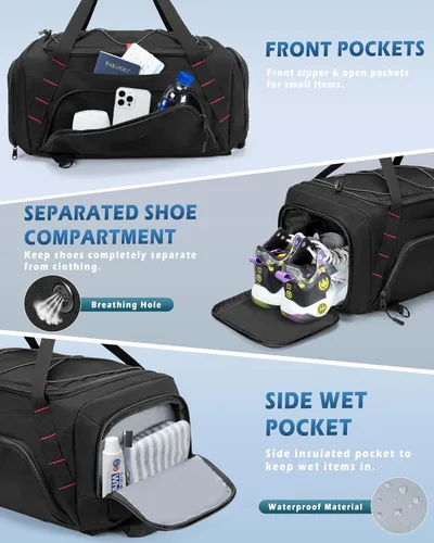 Miniatura 3 de Bolsa de lona para gimnasio de 26 litros con correas de mochila, compartimento para zapatos y bolsillo húmedo, bolsa de lona pequeña para viajes