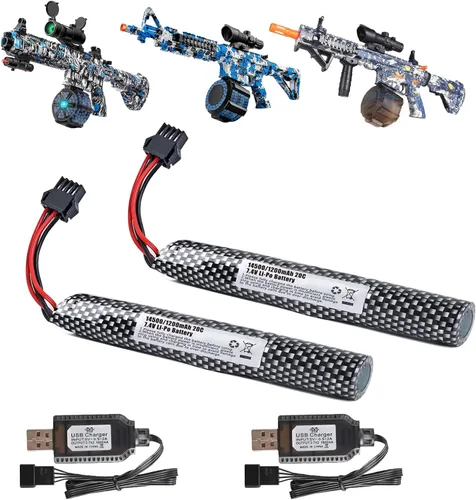 Paquete de 2 baterías de gel Blaster para M416 o M4A1 7.4V 1200mAh batería de iones de litio con SM-4P Connecor y cargadores USB baterías recargables